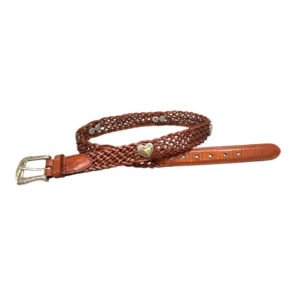 Fossil Brown Leather Braided Belt Women's Size Small Silver Conch Hearts BT4433